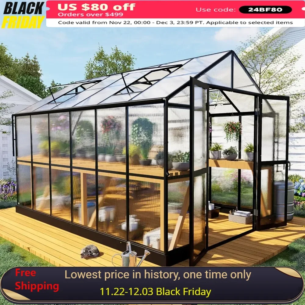 

8x12x7.5 FT Garden Greenhouses, Double Swing Doors 4 Vents, Walk-in Aluminum, Winter Greenhouse
