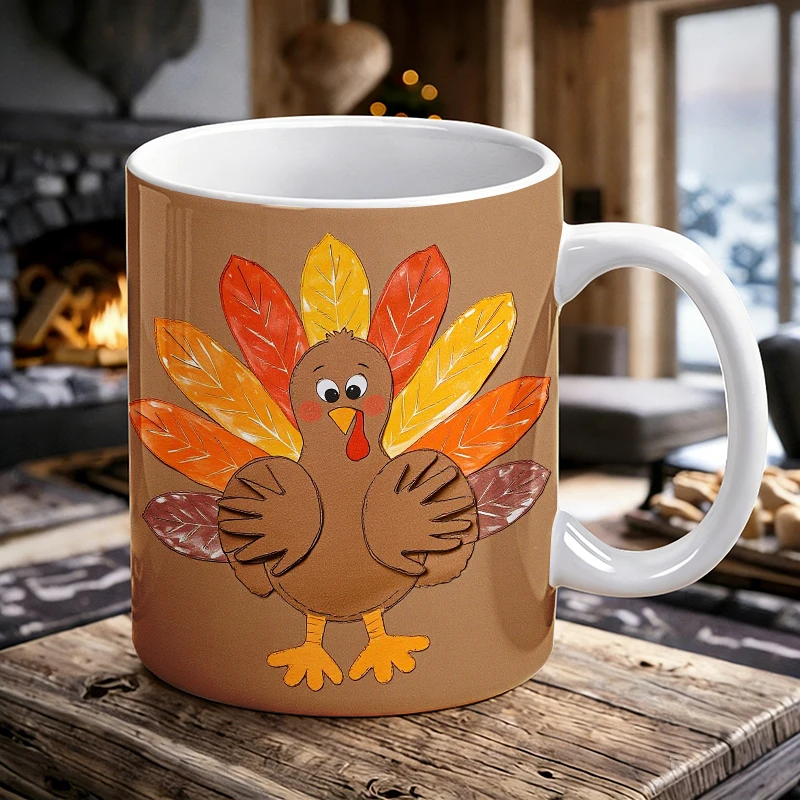 

11 oz Maple Leaf Turkey Handle Ceramic Mug, Full Print Pattern Coffee Cup, Insulated Milk Cup, Office Water Cup, Fade-Resistant