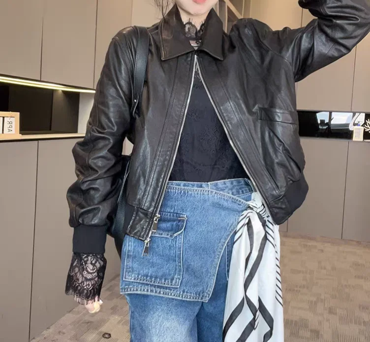 エフィランド 2025 新作 レディース ファッション カジュアル シープスキンレザー ジャケット コート ジッパー ルーズフィット ロングスリーブ カラー アウターウェア