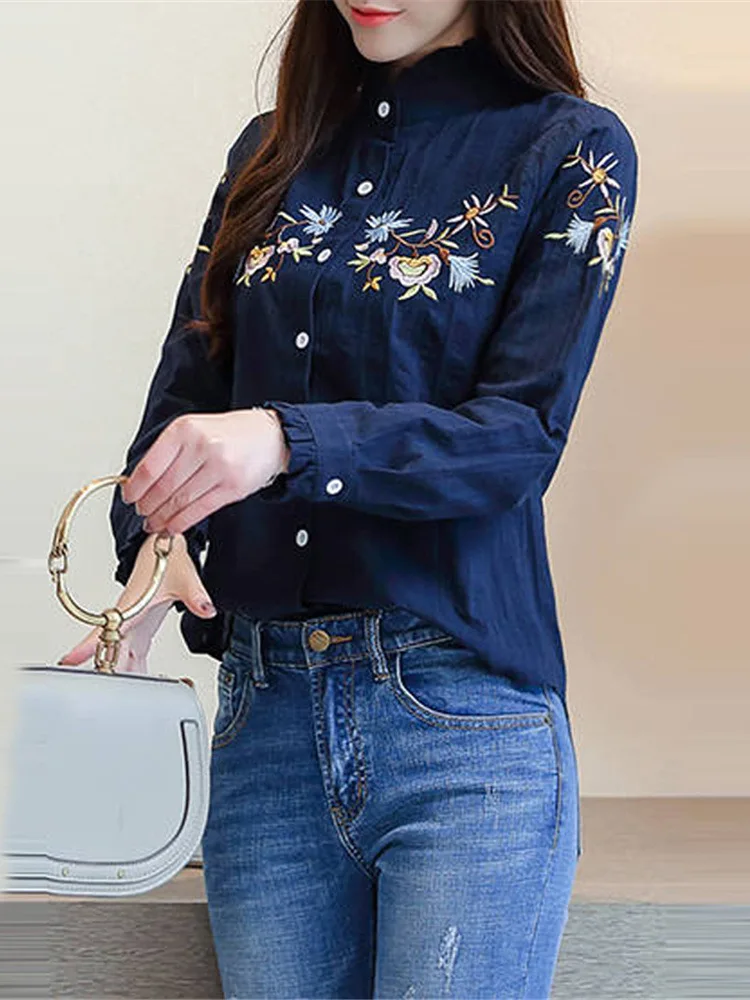 Vintage Floral Embroidered Cotton Button Up Shirt for Women Autumn Korean Elegant Casual Long Sleeve Slim Office Lady Blouse Top