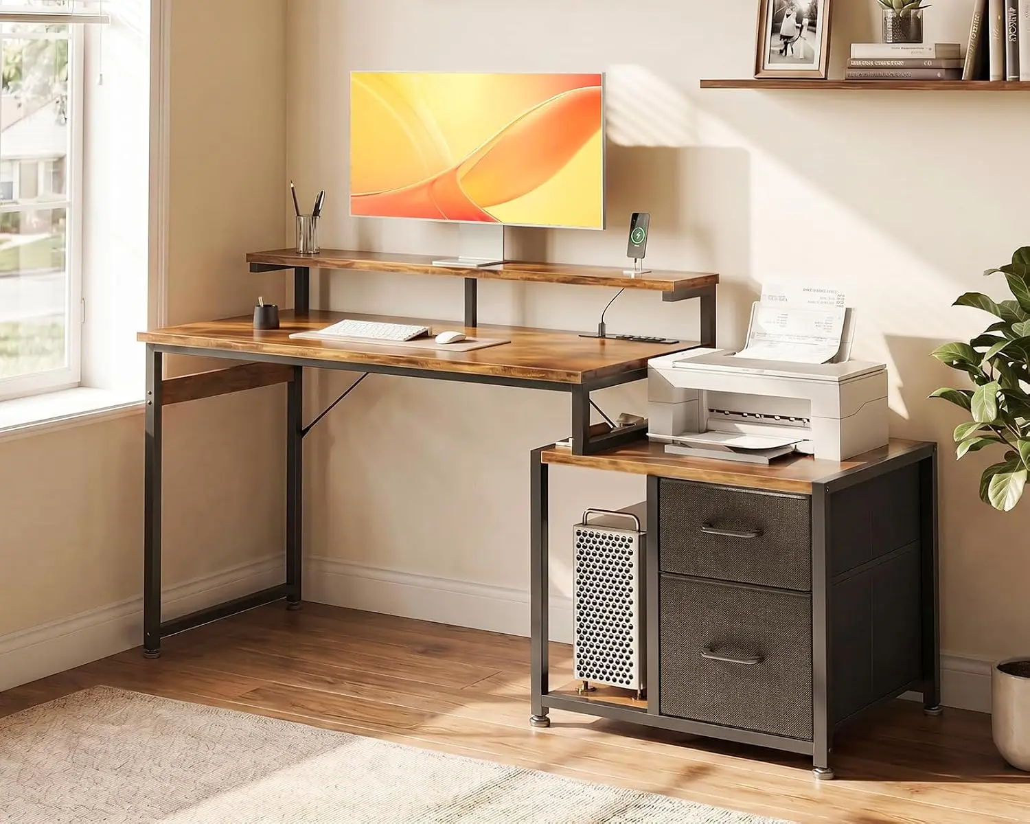 AODK Computer Desk 56 Inch with Printer Shelf Fabric Drawers Power Outlet Monitor Stand CPU Storage, Customized