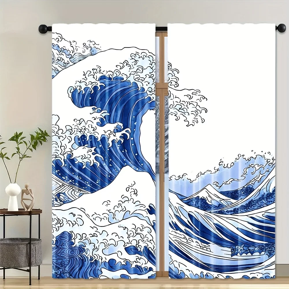 Japanese Wave Curtains 2pcs Pair Great Wave Art Ukiyo-e Style Window Drapery for Living Room Home Decor