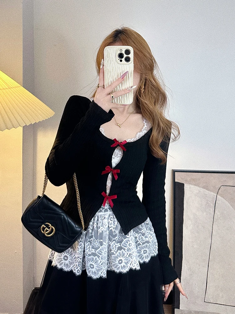 

Сексуальный кружевной кардиган с вырезами и узлом, комплект из двух предметов, женский базовый комплект для весны, вязаный длинный свитер с круглым вырезом