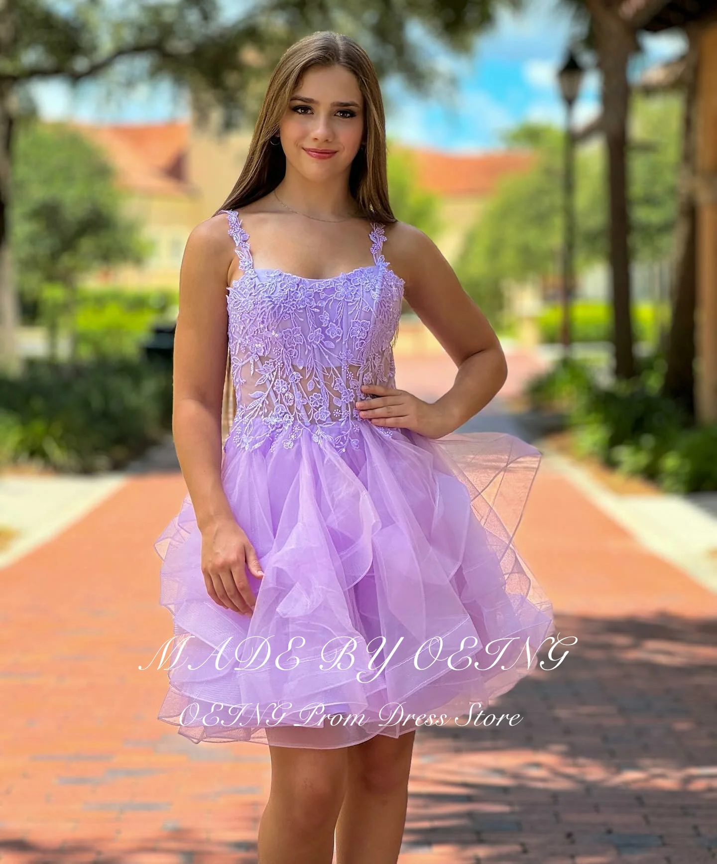 OEING Sexy Tulle Short Prom Dresses Spaghetti Strap Appliques Lace Corset Back Cocktail Party Gowns Mini Homecoming Dress