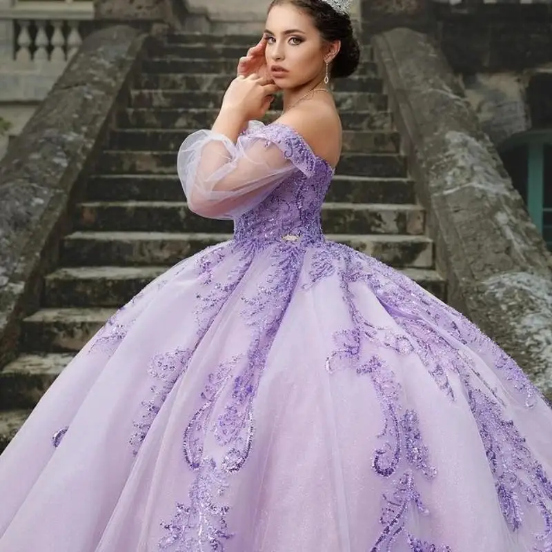 

Light Purple Shiny Quinceanera Dresses Ball Gown Sequin Appliques Lace Beading Tull Party Birthday Princess Vestidos De 15 Anos