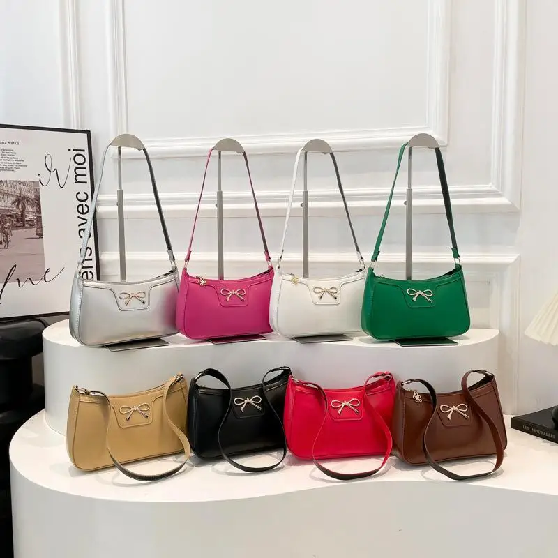 PU Leather Underarm Shoulder Bag Sweet Bow Decor Waterproof Durable Women's Tote for Shopping Travel Multi Color Choices