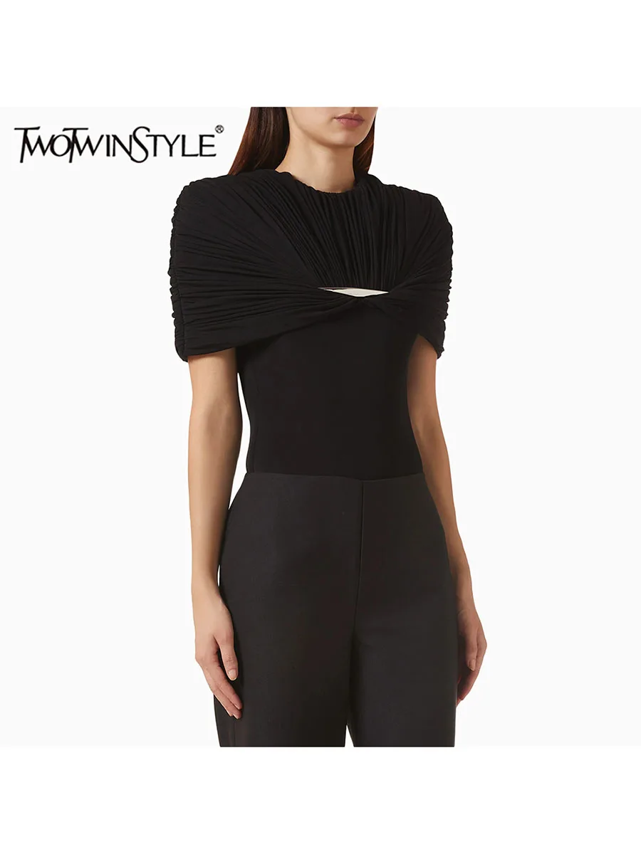 TWOTWINSTYLE Solid Spliced Metal Slimming Bodysuit for Women Round Neck Sleeveless Patchwork Zipper Jumpsuits Female Fashion New
