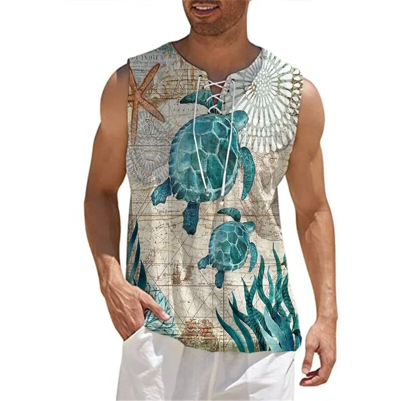 Summer Cool Fashion Men's Vest Drawstring V-Neck Sleeveless Shirt Solid Color Men's Street Casual Shirt Gym Sports Men's T-Shirt
