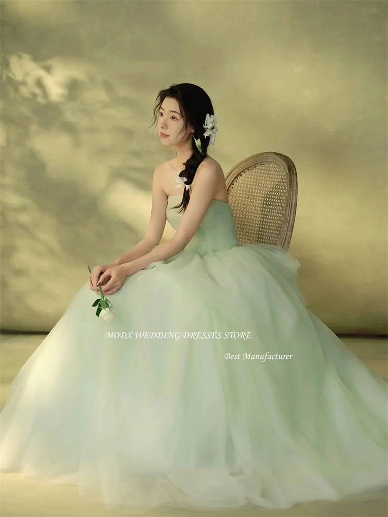 MODX Fairy Light Green Tulle Wedding Dresses Korea Photoshoot Strapless Tiered Garden Bridal Gowns Corset Back Evening Party