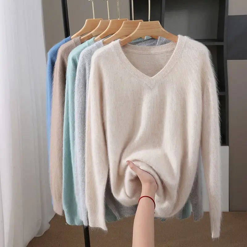 

100% Pure Mink Sweater Men's Autumn New Thickened Loose Large Size V-neck Knitted Bottoming Shirt Men's Top