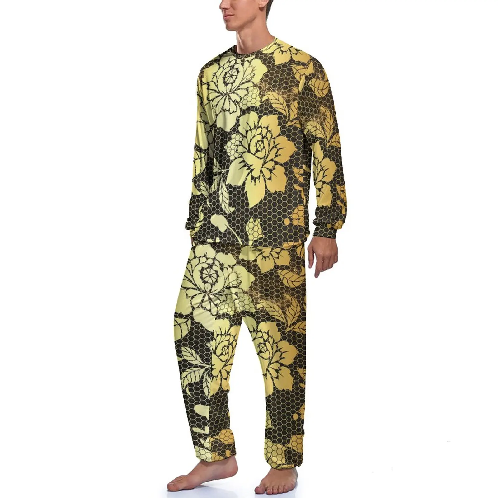 Elegant Rose Floral Pajamas Long Sleeve Gold Flowers 2 Pieces Sleep Pajamas Set Spring Mens Design Cool Home Suit