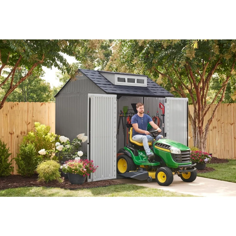 Resin Outdoor Storage Shed With Floor (7 x 7 Ft),Weather Resistant, Gray, Organization for Home/Backyard/Garden Tools/Lawn Mower