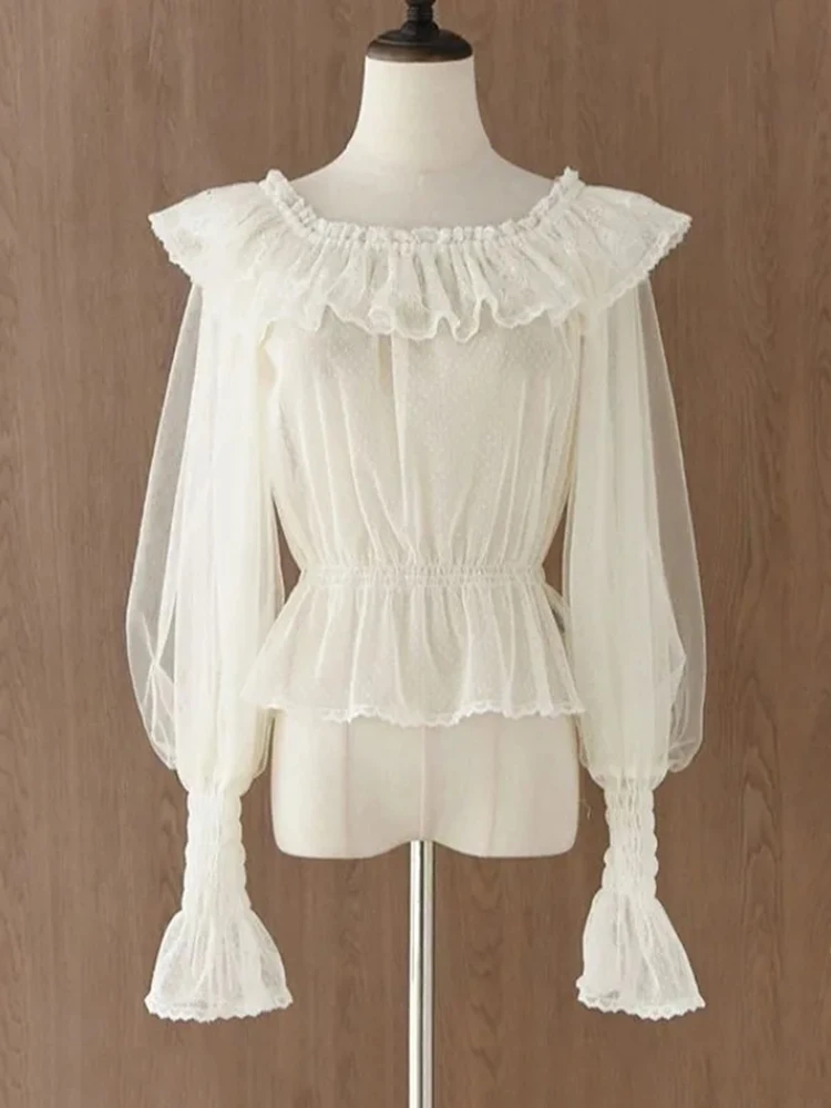 بلوزة لوليتا ستايل للنساء قمصان تونيك برقبة مائلة قطع علوية قصيرة 2025 Blusas Mujer De Moda مكشكشة بأشرطة تونك بلوزات صيفية