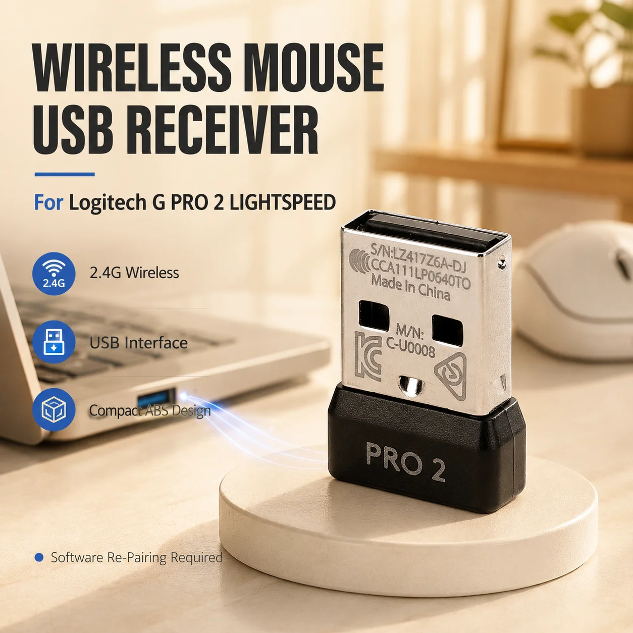Replacement USB Receiver Adapter For Logitech G PRO 2 LIGHTSPEED Wireless Gaming Mouse 2.4GHz Dongle Re-Pair Support