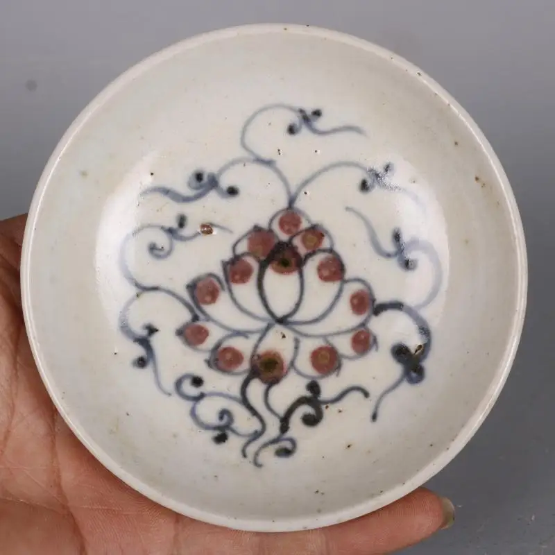 Chinese Qing Kangxi Blue and White Porcelain Red Glaze Lotus Design Plate 3.94"
