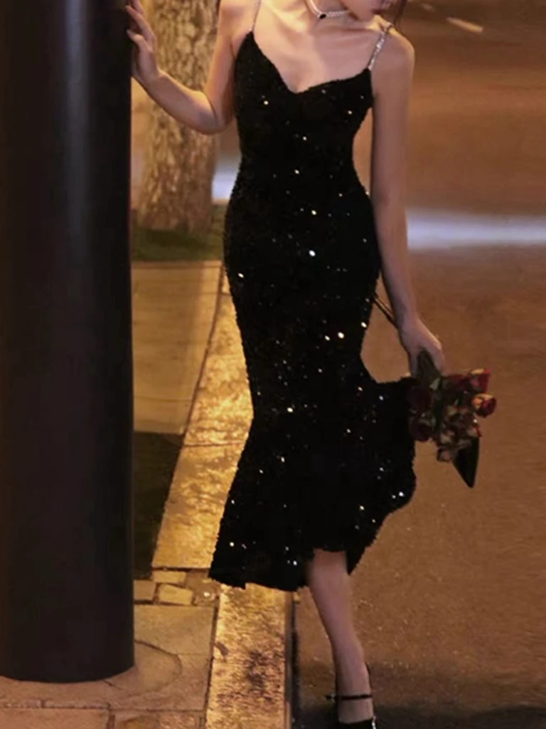 

Sexy Velvet Sequin Heavy Embroidery Bla Aosphere Gown Strapl Fi Tail Long Dr High Waist Spring Summer Autumn Winter