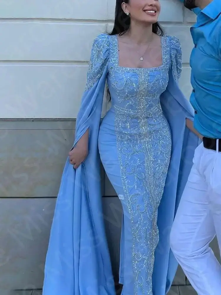 Vintage Sky Blue Evening Dresses with Cape Sleeves Prom Party Gowns 2024 Square Neck Sparkling Wedding Guest Gowns Glitter