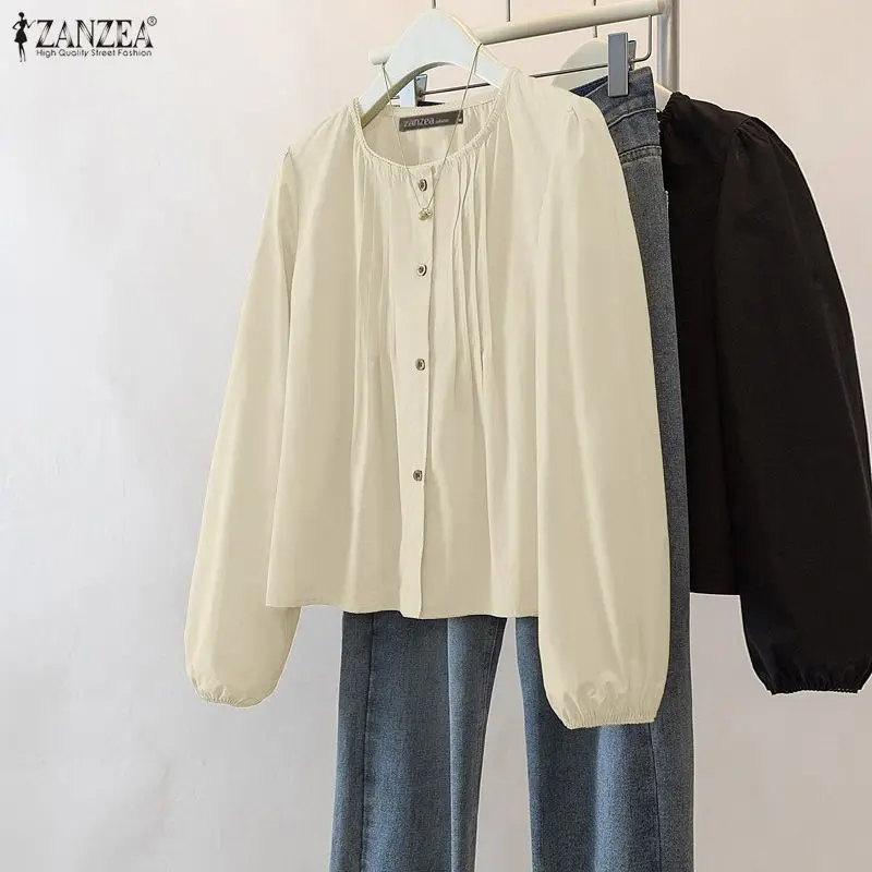 

Женская блузка ZANZEA с круглым вырезом и длинным рукавом, весна 2026, элегантная офисная рубашка, повседневная однотонная блузка на пуговицах, плиссированная блуза