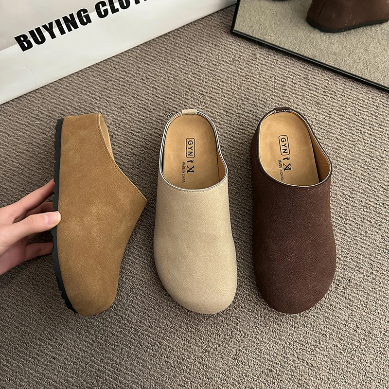 New Women\'s Slippers Closed Toe Round Toe Suede Clogs Sandals Autumn New Retro Solid Color Flat Bottom Women\'s Slingback Shoes