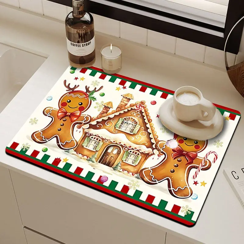 VIKAMA Christmas Gingerbread Man Dish Drying Mat Absorbent Non-Slip Draining Pad For Kitchen Counter Sink Xmas Home Decor