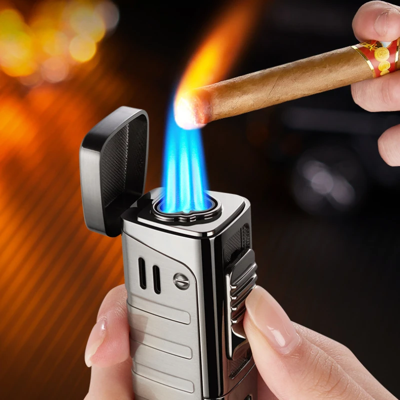 New Metal Windproof Direct Lighter Cigar Blue Flame 3 Jet Torch Gas Butane Cigar Lighters Chamber Smoking Accessories Man Gift