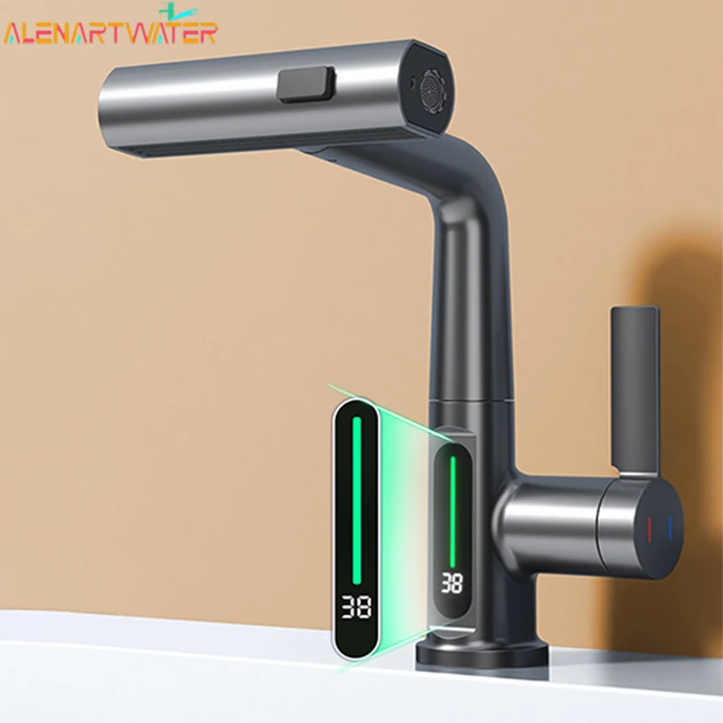 Waterfall Basin Faucet Pull-Out Kitchen & Bathroom Faucet Rainfall Temperature Digital Display No Battery SUS604 Stainless Steel