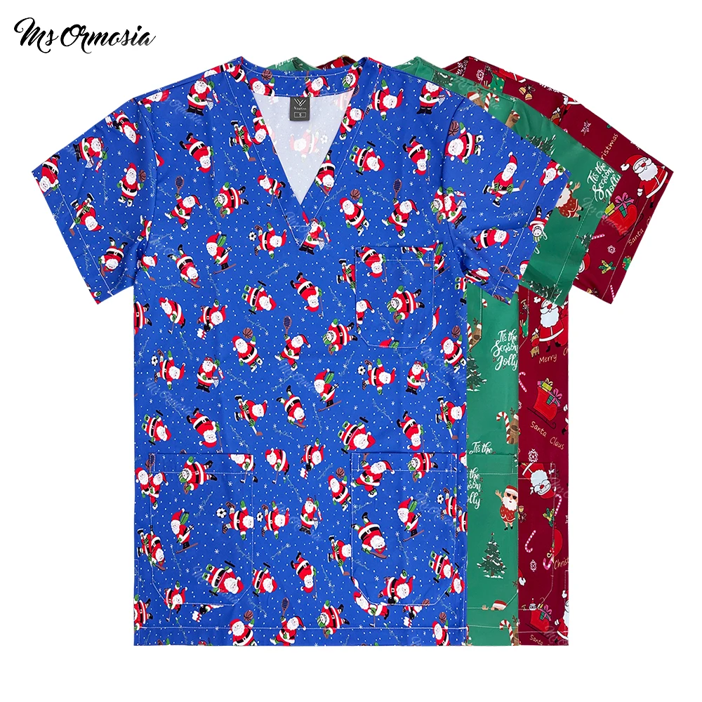 Scrubs Top Women Christmas Elk with Pockets Blouse Nurse Uniform Medical Scrubs Shirt Print Plus Size Work Clothes Party T-shirt