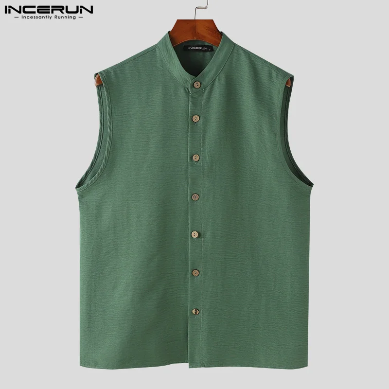 INCERUN Men Shirt Solid Color Stand Collar Sleeveless Button Casual Men Clothing Streetwear Summer 2024 Fashion Camisas S-5XL