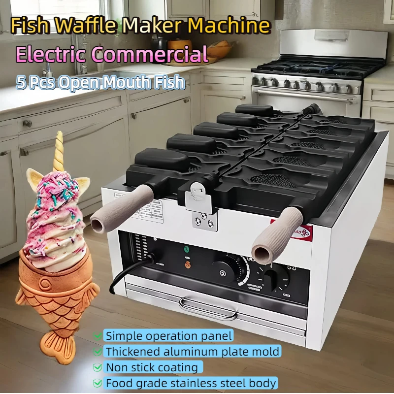 

Customized 5 Pcs Open Mouth Fish Waffle Maker Machine Popular Electric Waffle Machine Snack Equipment Non Stick Coating 3000W