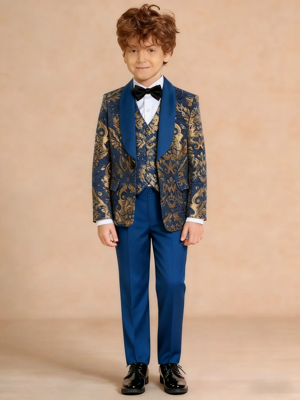 

Classic Gold Brocade Suit Set for Boys 3-14 Yrs Communion Suit Jacket Vest Pants Set Elegant Shawl Collar Children Tuxedo