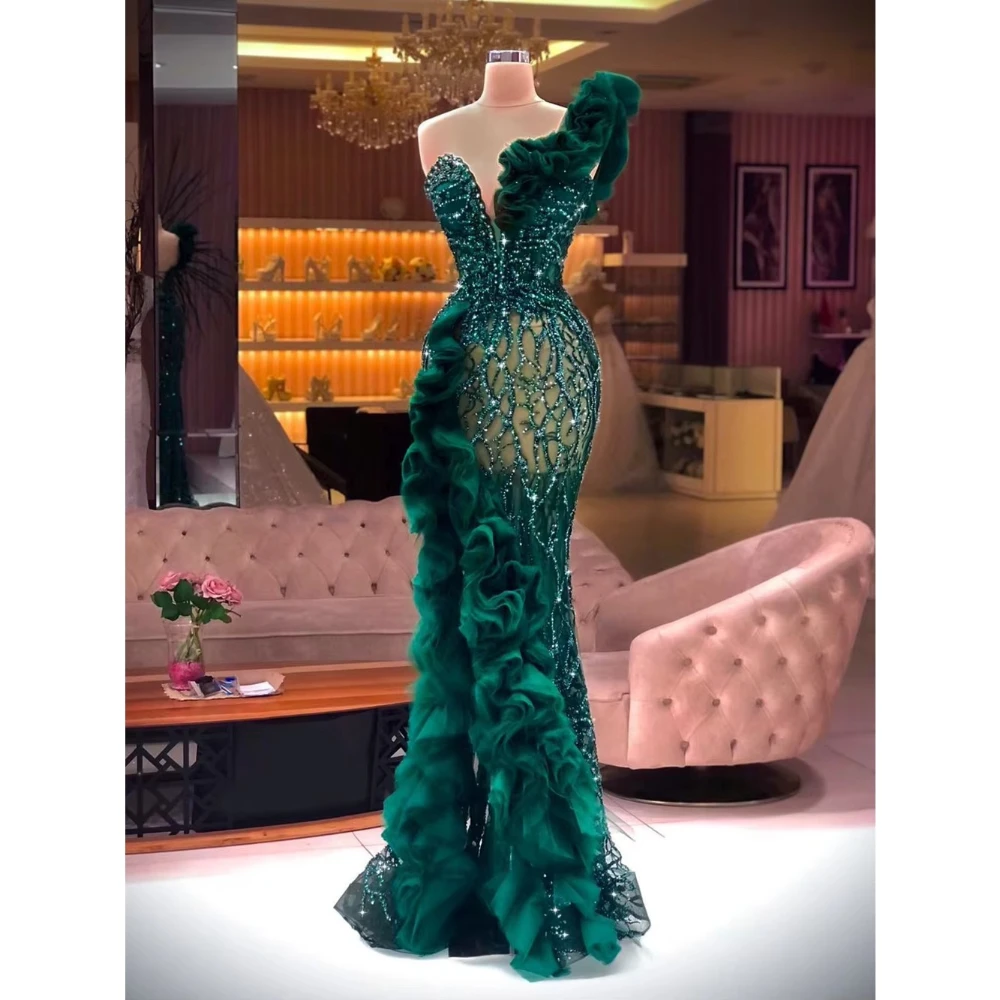 Exquisite Evening Dresses Green Chic Beads Sequined Mermaid Party Gowns Ruched Pleat Side Slit Floor Length Prom Dresses