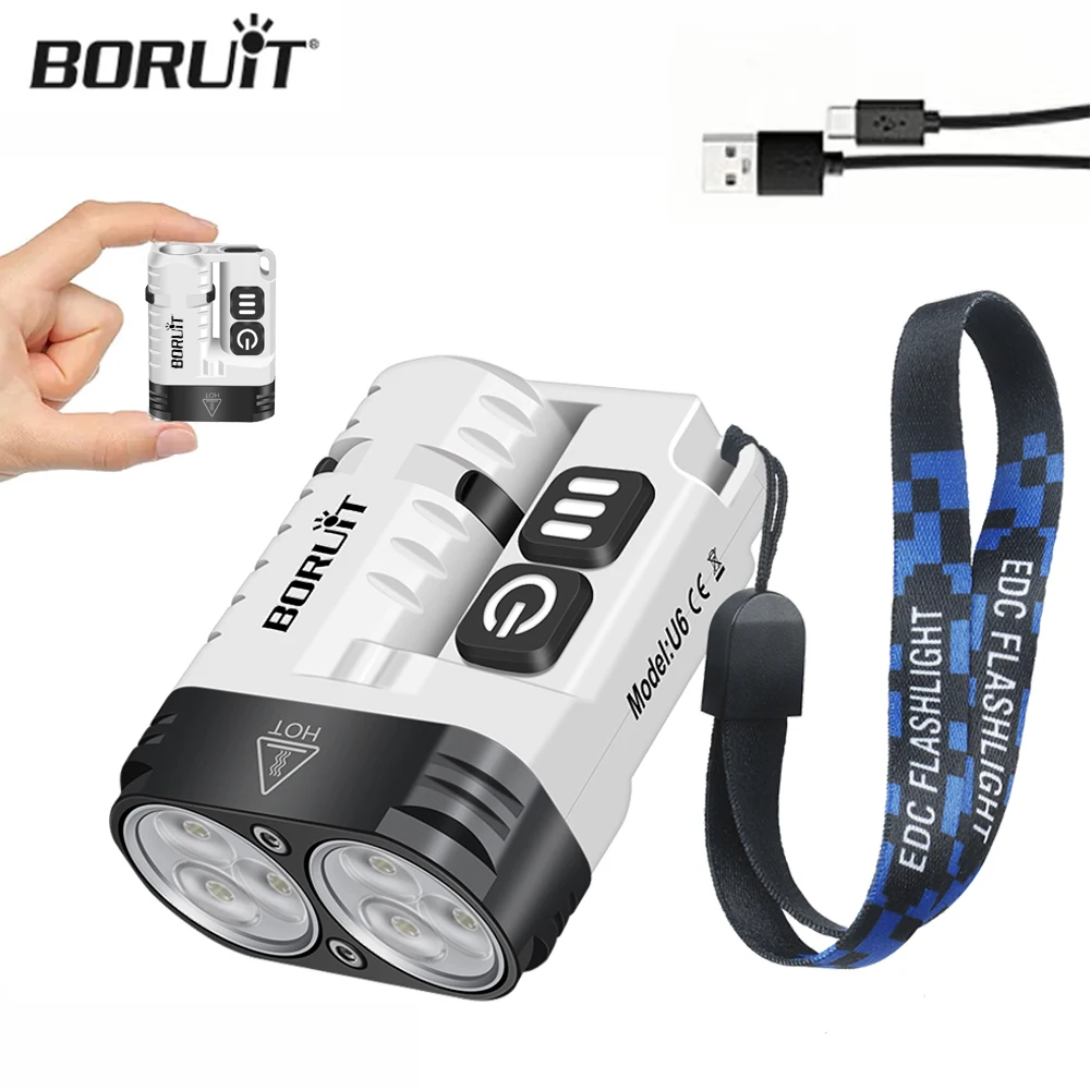 BORUiT U6 1600LM LED Flashlight Keychain Magnet EDC IP68 Waterproof USB-C Rechargeable Camping Fishing Torch Emergency Lamp