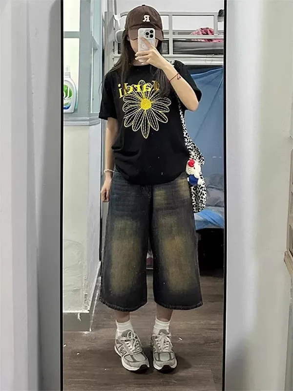 

plus Size High Waist Wide Leg Jeans Shorts Women's American Style Casual Washed Denim Pants Spring Fashion plus Size Slimming