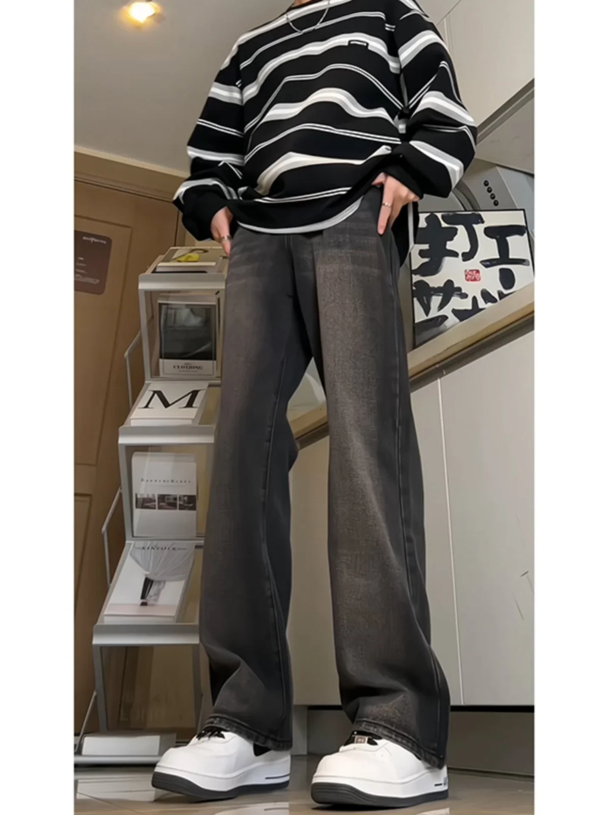 

American Retro adient Color Men's Jeans Oversize Loose Straight Leg Pants Thi Denim mid Low Waist Zipper Closure Youth Fa...