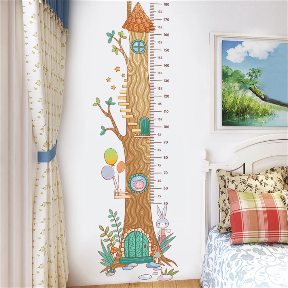 Cartoon Big Tree Animals Height Measure Wall Sticker Airship Rocket Wallpaper For Kids Room Nursery Child Growth Ruler Chart Art