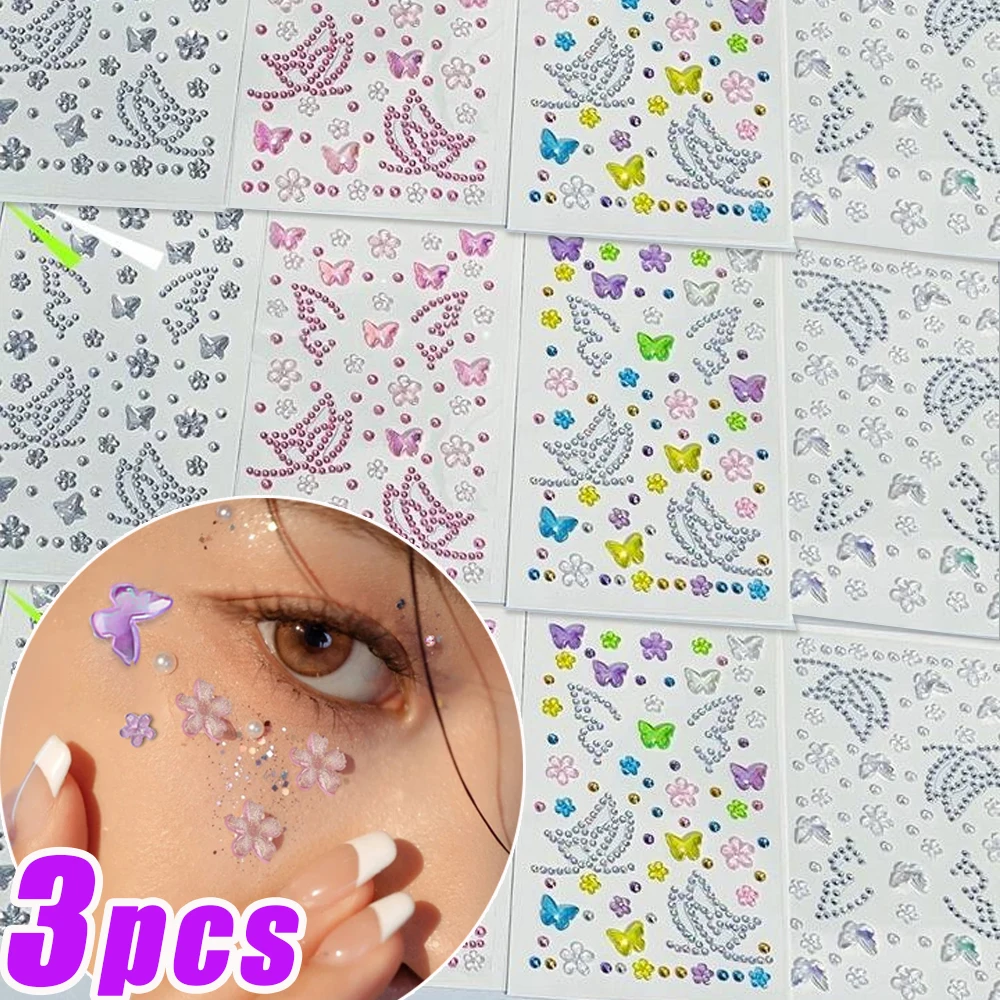 

1-3pcs 3D Butterfly Flowers Face Gem Tattoos Stickers for Stage Makeup Fashion Eyes Face Body Diamond Festival Tattoos Stickers