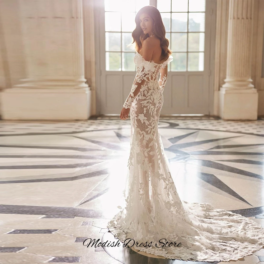 Fashion Mermaid Long Sleeves Wedding Dress Customized Handmade Flowers Bridal Gowns Charming Appliques Tulle Robe de mariée