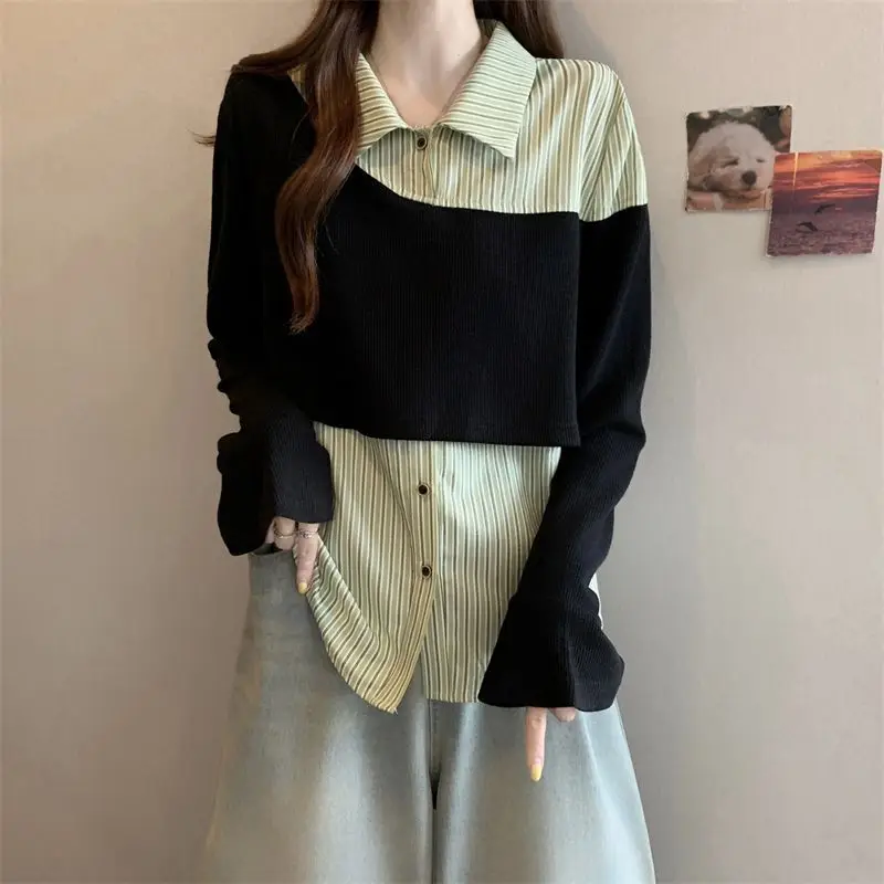 قميص مخطط بأزرار مخططة على الطراز الصيني الجديد للنساء بأكمام جرس وألوان متباينة فضفاضة ومتعددة الاستخدامات #2