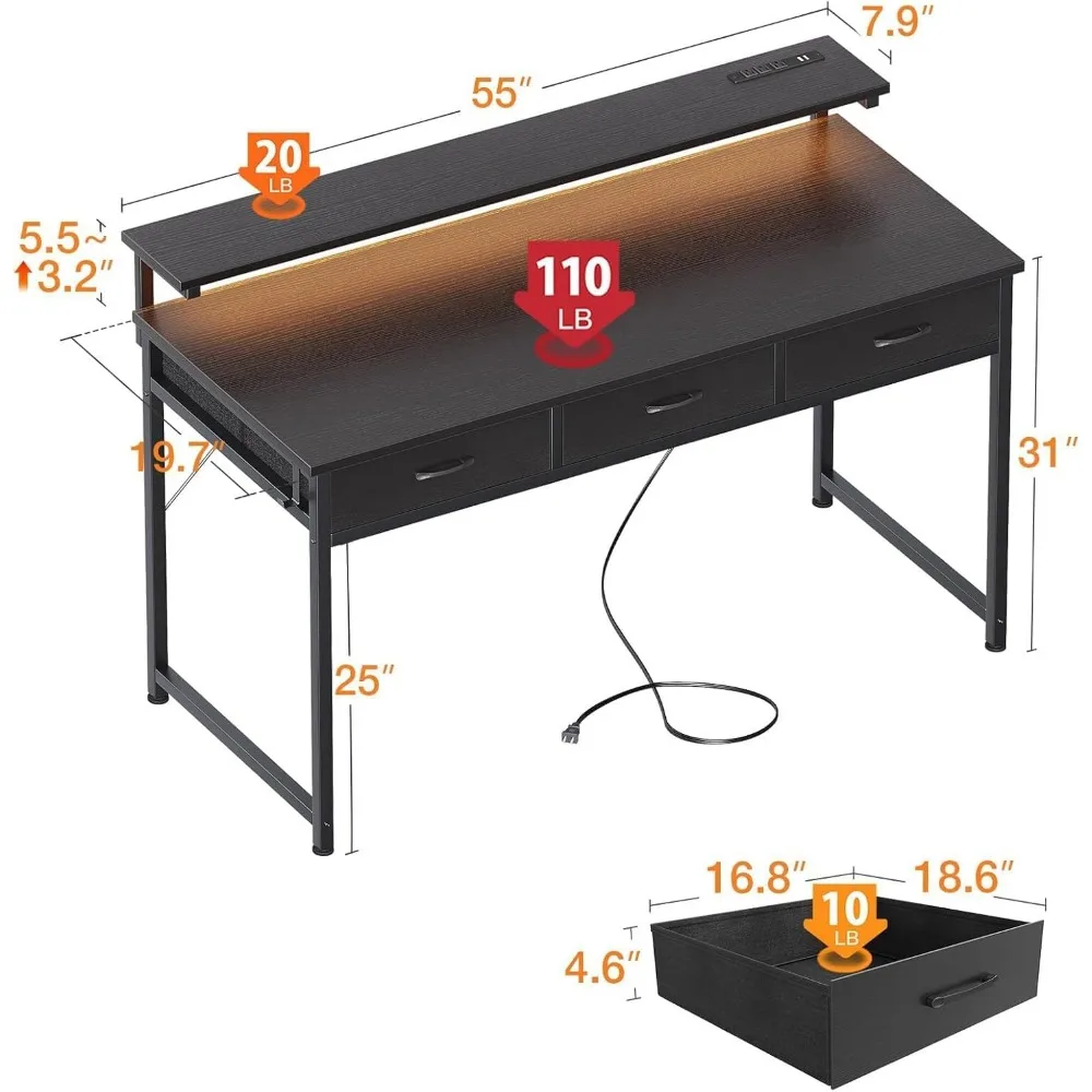 مكتب كمبيوتر بعرض 54 بوصة مع 3 أدراج، ومنافذ شحن USB، وأضواء LED، وحامل شاشة قابل للتعديل للاستخدام المنزلي والمكاتب #3