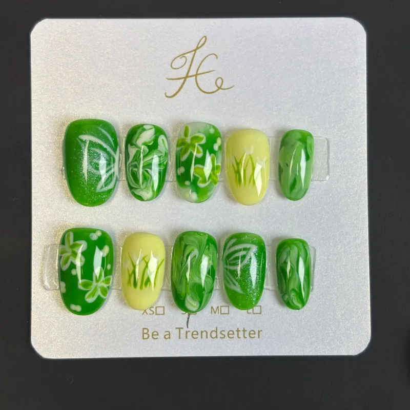 10 stuks frisse en levendige handgemaakte pers op nagels smudge water rimpelingen gele en groene bloemen nepnagels verwijderbaar herbruikbaar