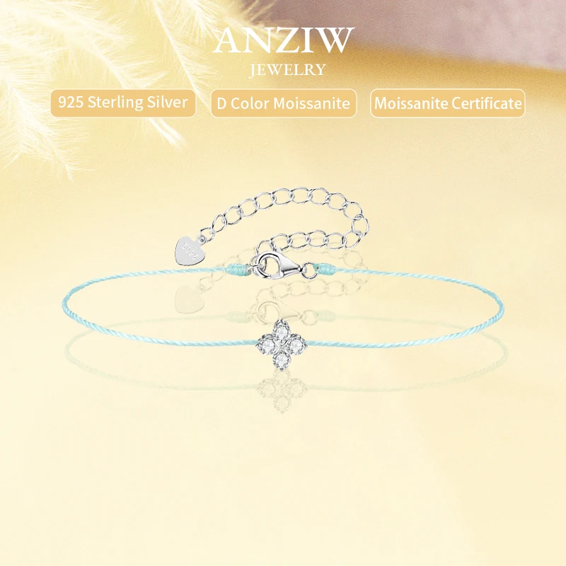 

Anziw 2.5mm Clover Flower Moissanite Bracelet Blue/Red String Rope Bracelets with 925 Silver for Women Lucky Charm Fine Jewelry