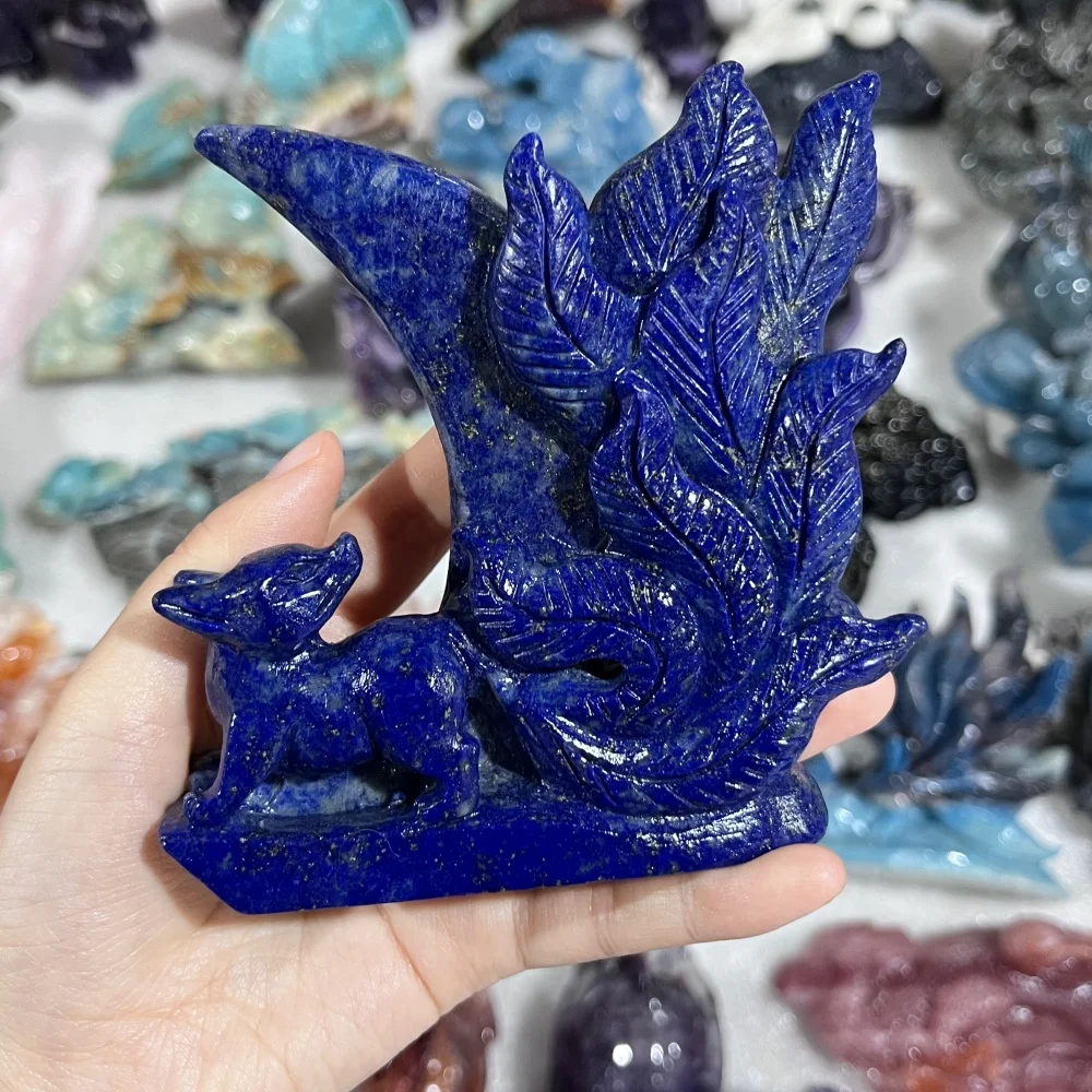 1PCS Natural Lapis Lazuli Nine-Tailed Fox Carving Polished Reiki Healing Feng Shui Energy Stone Room Decor Gift
