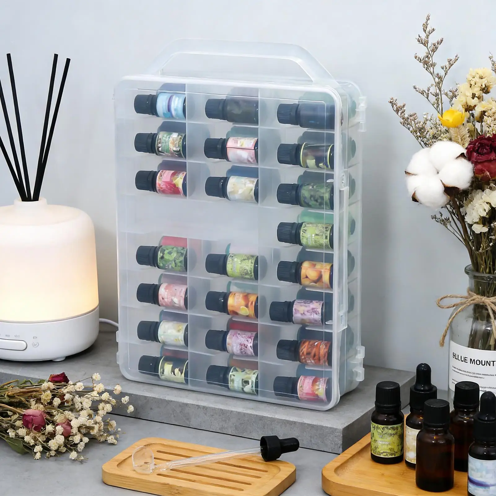 Cajas de almacenamiento transparentes, caja organizadora de doble cara con asa, 46 compartimentos, caja transparente con tapa para el hogar, oficina, dormitorio