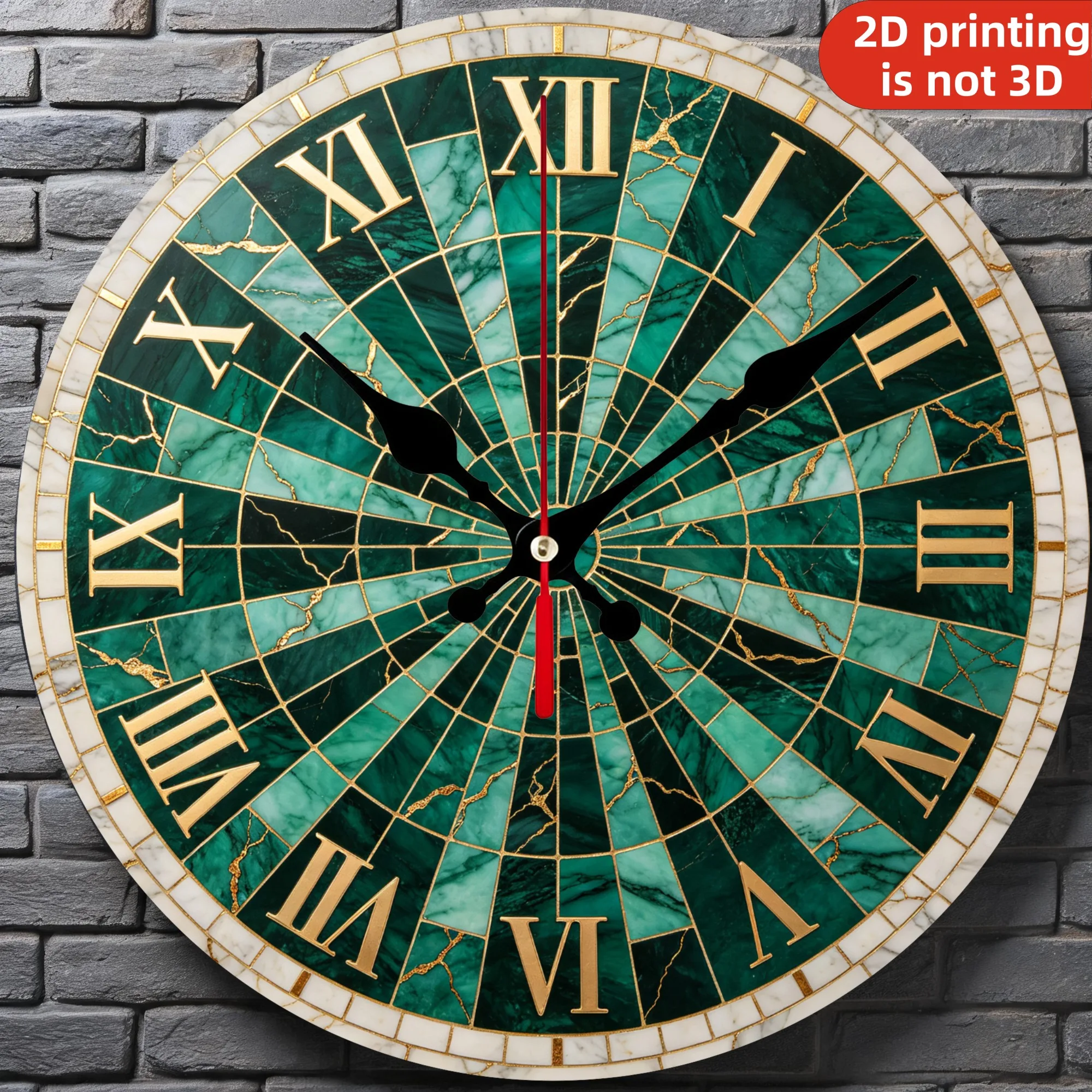 Emerald Green Marble Wooden Wall Clock, 10/12 Inch Round Wood Clock, Silent Non Ticking Quartz Movement, Luxury Malachite Gold Grid Printed Home Decor