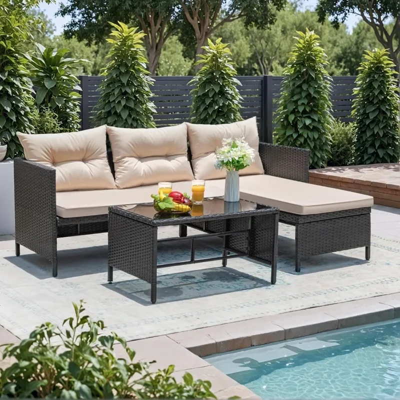 Greesum 3 Piece Patio Furniture Set Outdoor Wicker Rattan Sectional Sofa with Cushions & Coffee Table for Yard, Garden, Porch
