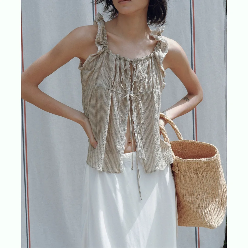 

Women's summer vi@* lace splicing lace drawstring undershirt rustic style cute versatile tops