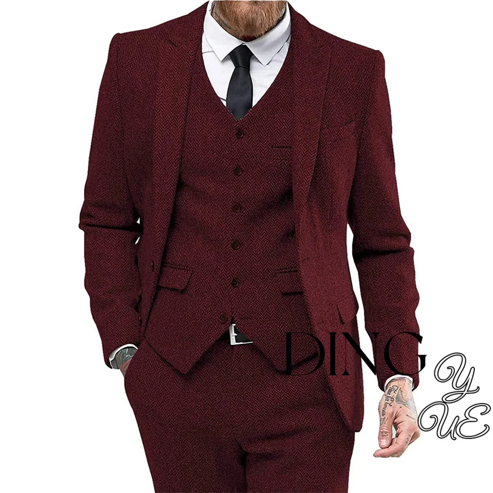 Mens Tweed Herringbone Wedding Suit Prom Tuxedos 3 Piece Peak Lapel Dress