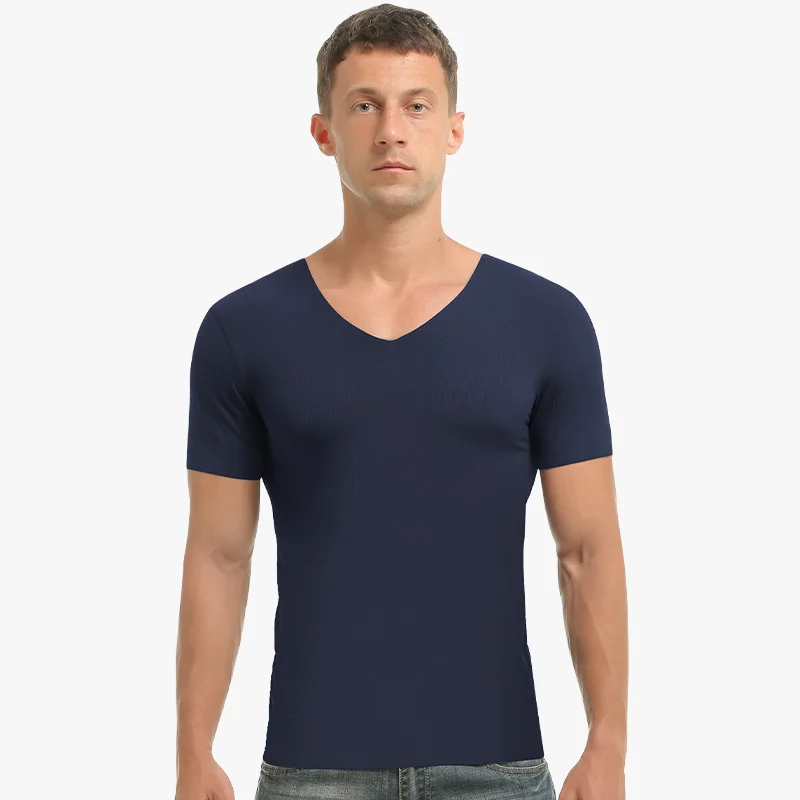 Summer Ice Silk Seamless Men's Short-Sleeved Pure Color T-Shirt V Neck Half-Sleeved Top Clothing Thin Bottoming Shirt Slim Intim
