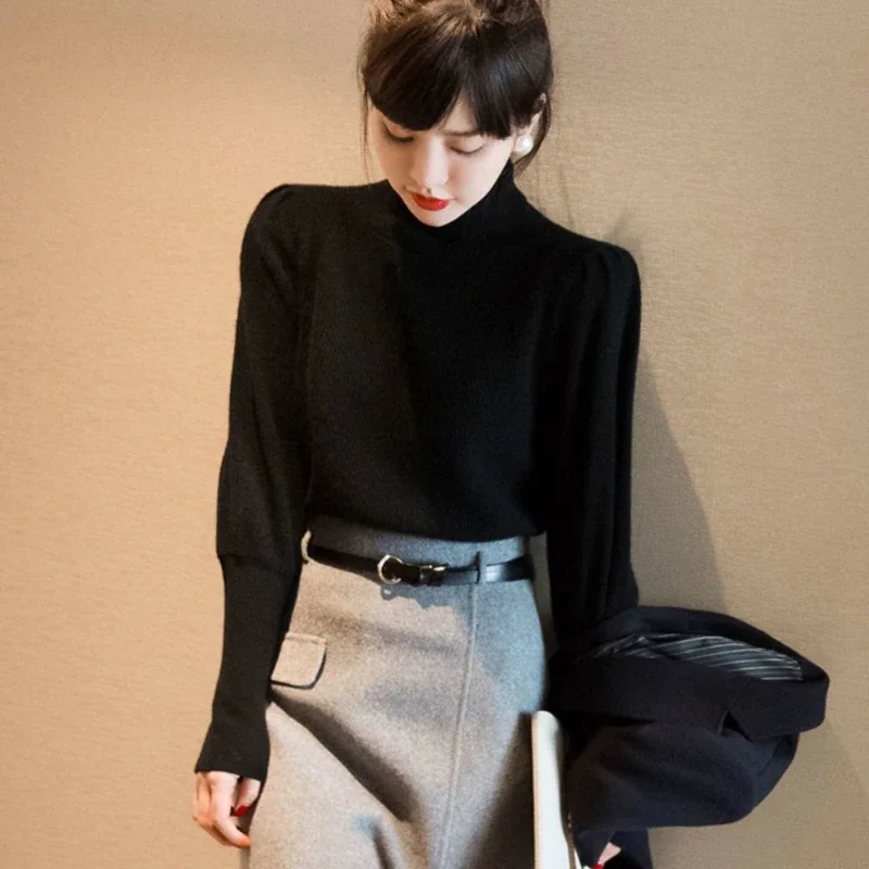 Pullover solidi Maglione da donna Collo mezzo alto All-match Semplice Moda Sottile Elegante Abiti autunnali Ins Vendita calda Ulzzang Elegante