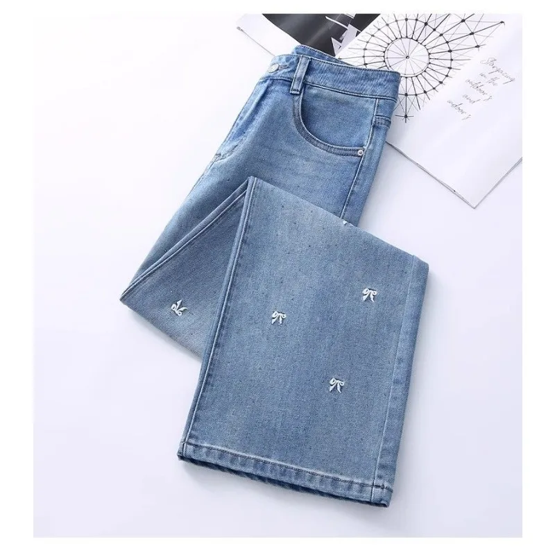 Pantalones vaqueros de pierna ancha para mujer primavera y verano 2025, nueva moda, bordados, de cintura alta, holgados, drapeados, rectos informales